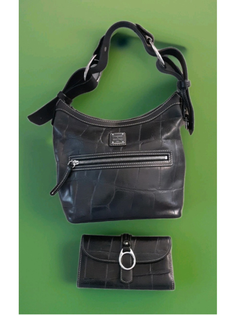 DOONEY & BOURKE-VTG Mock Croc Black Leather Hobo Shoulder Bag & Matching Wallet